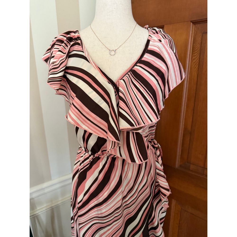 Indulge Tiered Maxi Dress Womens Small Brown/Pink Striped Lightweight Flowy Boho